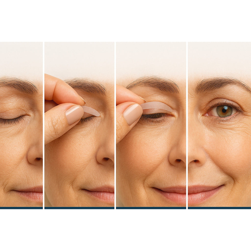 Applying an Eye Magic strip to the eyelid crease, step by step