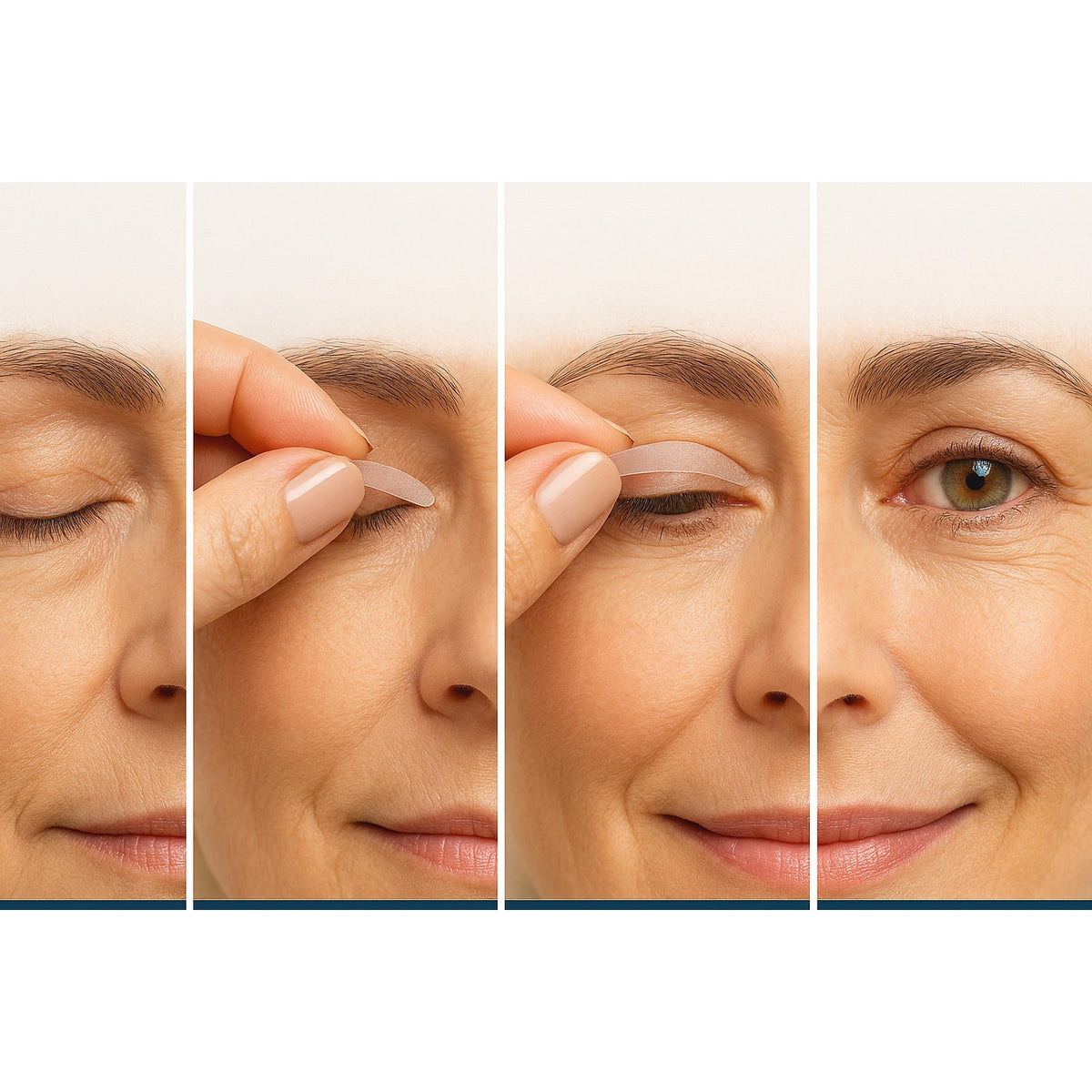 Applying an Eye Magic strip to the eyelid crease, step by step