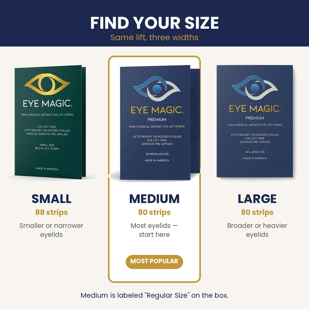 Eye Magic size guide - Small 88, Medium 80 and Large 80 eyelid lift strips